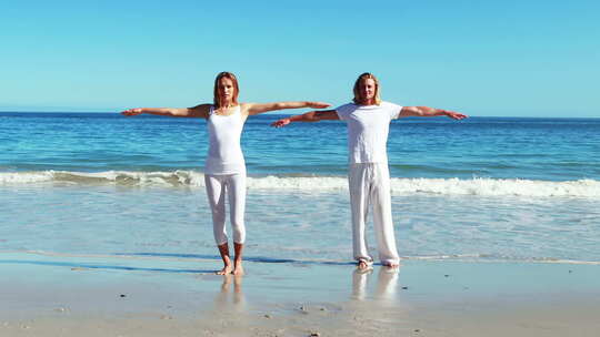 一对夫妇在海滩上表演瑜伽