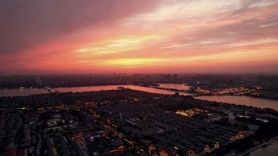 中华水上古城夕阳晚霞火烧云夜景降临