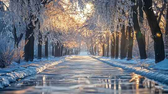 冬日林间结冰小路夕阳景象