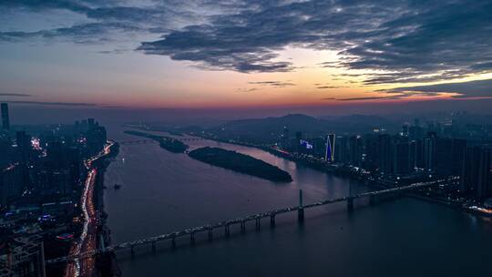 长沙湘江两岸夜景航拍移动延时