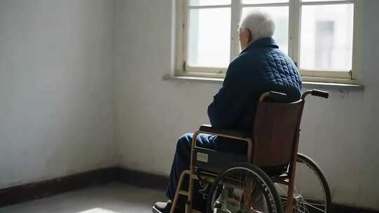 坐轮椅老人窗边独坐
