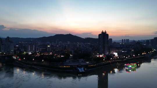 四川宜宾三江交汇处合江楼晚霞夜景航拍