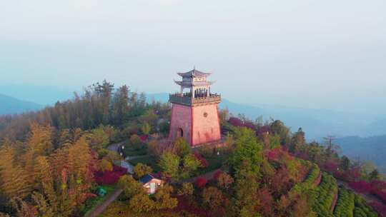 杭州萧山义桥寺坞岭望江阁日出风景