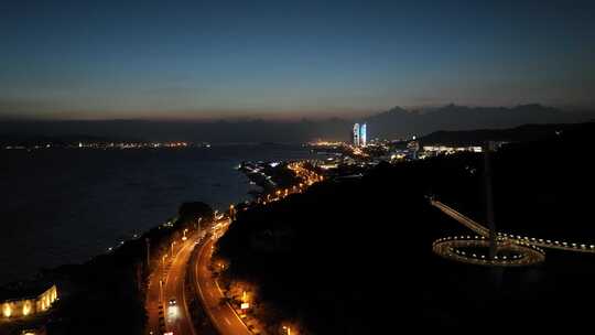 厦门夜景环岛路航拍海滨城市风光双子塔晚霞