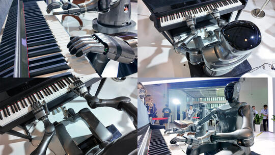 实拍人工智能科技人形机器人弹钢琴演奏乐器高清在线视频素材下载