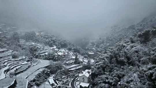 山间雪景雾霭弥漫景象 浙西大峡谷