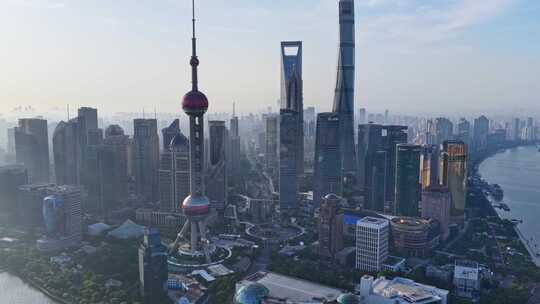 上海航拍陆家嘴城市地标日出