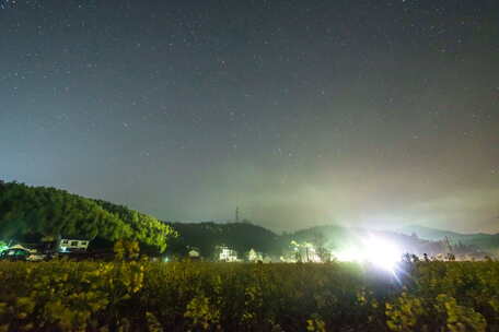 星空 油菜花 夜晚 星星 村庄