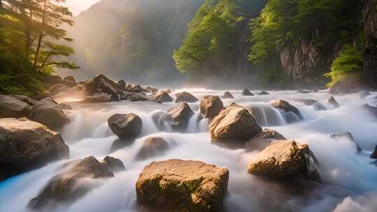 山间溪流与岩石自然景观