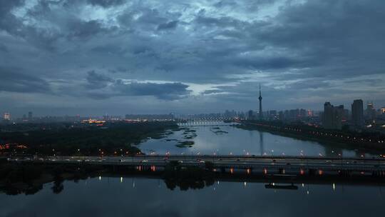 城市航拍洛阳阴雨天后城市云海夜景建筑