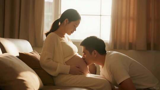 准爸爸亲吻孕妇肚子温馨家庭爱情视频