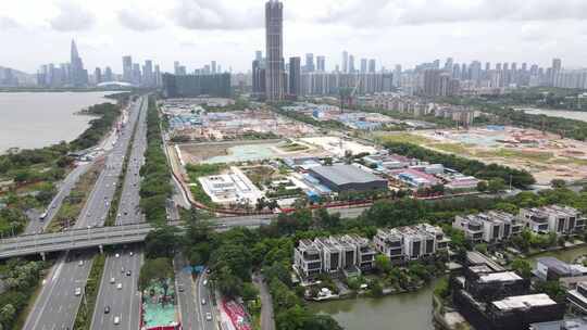 深圳滨海大道旁的超级总部基地建筑工地航拍