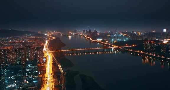 长沙湘江城市夜景航拍