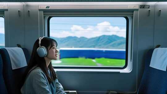 女孩高铁内戴耳机赏窗外风景唱青春的歌