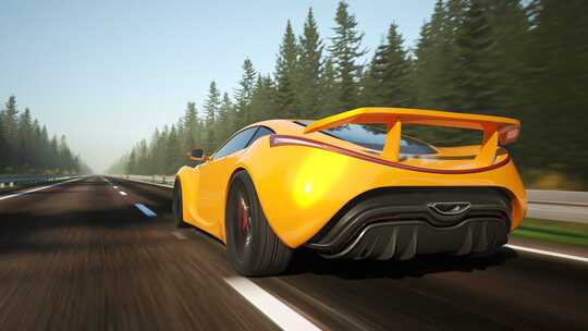 跑车在森林中快速行驶。高速汽车概念。