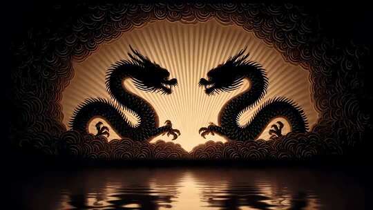 双龙戏珠水面倒影尽显东方神秘色彩