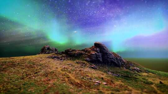 绿色极光北极光在山上的星空3D动画