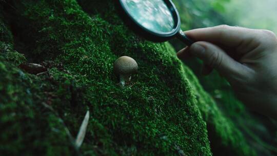 女人在森林里切割蘑菇视频素材模板下载