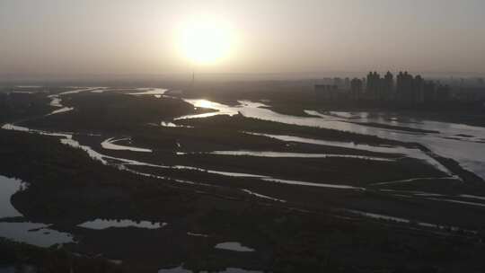 黄河浅滩。宁夏吴忠。日出。河流。母亲河视频素材模板下载