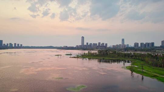 成都兴隆湖夕阳航拍