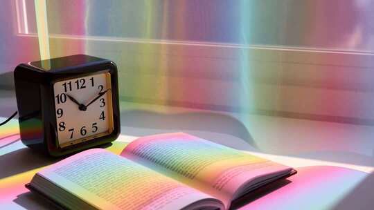 彩色光影下的闹钟与翻开的书