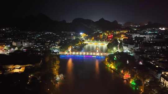 桂林两江四湖夜景日月双塔航拍