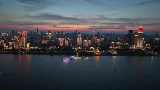 武汉蓝调晚霞城市汉口江滩夜景航拍