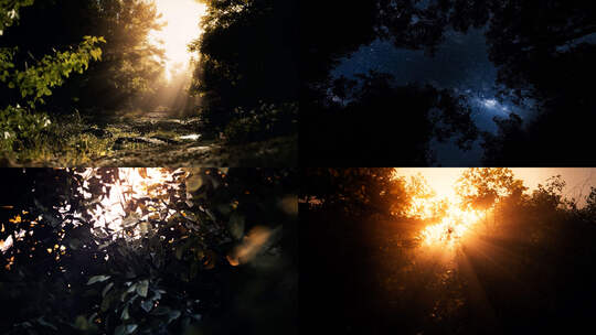森林日转夜丁达尔光线阳光穿过森林星空夜空