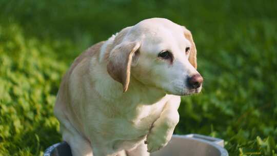 拉布拉多犬坐在户外的小金属浴缸里