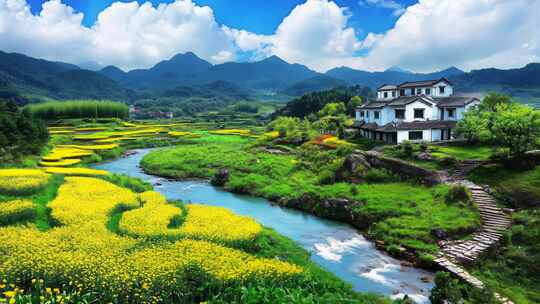 春天乡村油菜花河流村庄自然风景乡村振兴