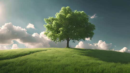 蓝天白云和草原上的一棵树