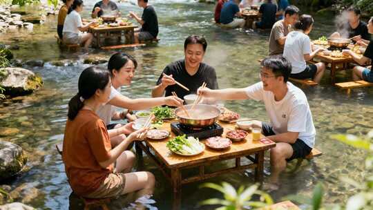 朋友溪边聚餐吃火锅特色美食休闲场景