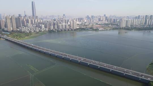 航拍武汉沙湖大桥交通
