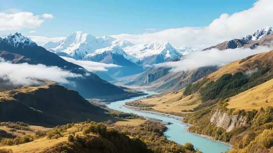 雪山下河谷自然风光