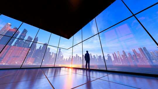 在高端写字楼里看向窗外的商人背影