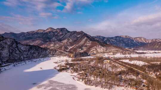 中国东北辽宁本溪冬季航拍乡村自然雪景