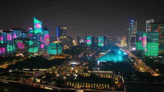 杭州城市地标风景夜晚夜景航拍风光美景浙江