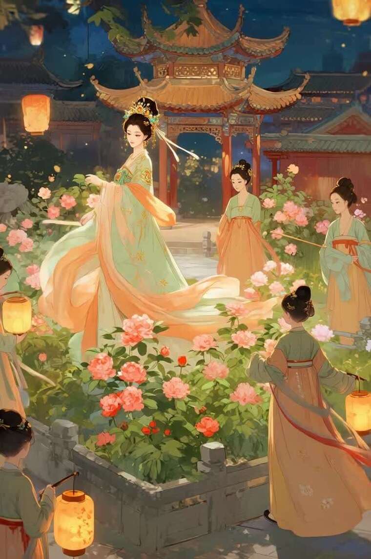 古风女子庭院赏花漫步