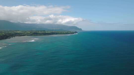 夏威夷考艾岛阿尼尼海滩的广角航拍跟踪权。美丽的深蓝色大海和开阔的天空。