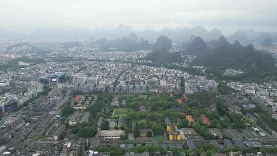 广西桂林城市风光航拍桂林清晨烟雨桂林