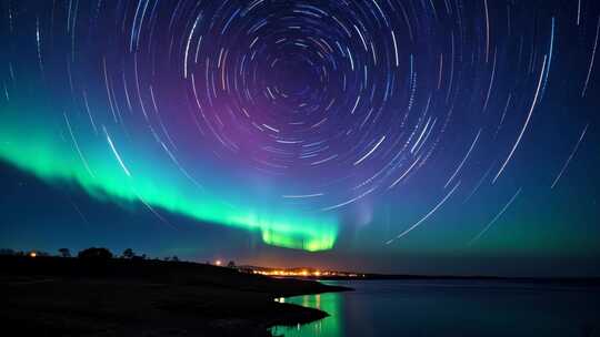 夜空极光与星轨全景