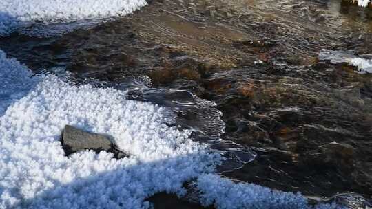 冬天冰雪下流淌的河水视频