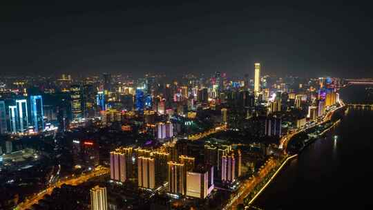 长沙_湘江边建筑群_城市夜景航拍001