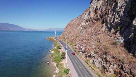 大理洱海海边公路开着跑车自驾游航拍