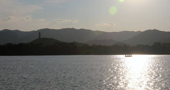 夕阳下的北京颐和园昆明湖与玉泉山