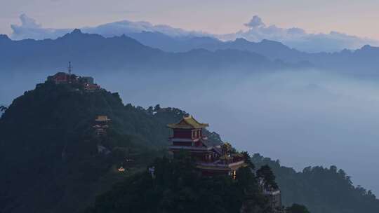 航拍秦岭山南五台寺庙日落夜景灯光