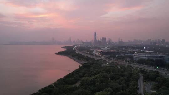 深圳滨江大道深圳湾公园海边海岸线夕阳霞光