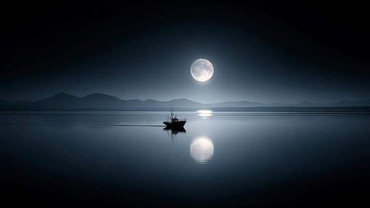 月光下航行的渔船宁静而神秘