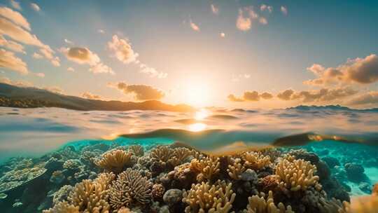 海面下的珊瑚与海上日落景观