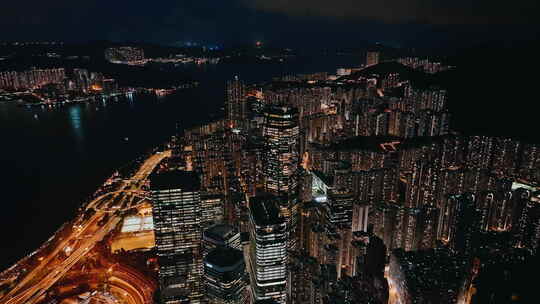 航拍香港中环夜景黑金科幻赛博朋克大都市